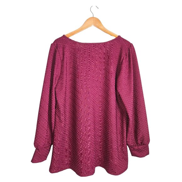 2/$35-Kaileigh Pullover Rich Textured Burgundy Long Sleeves Blouse Women 2X - Picture 3 of 11